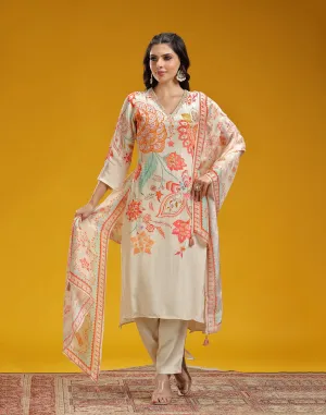 Cremé Beige Mandala Printed Crepe Kurta Set