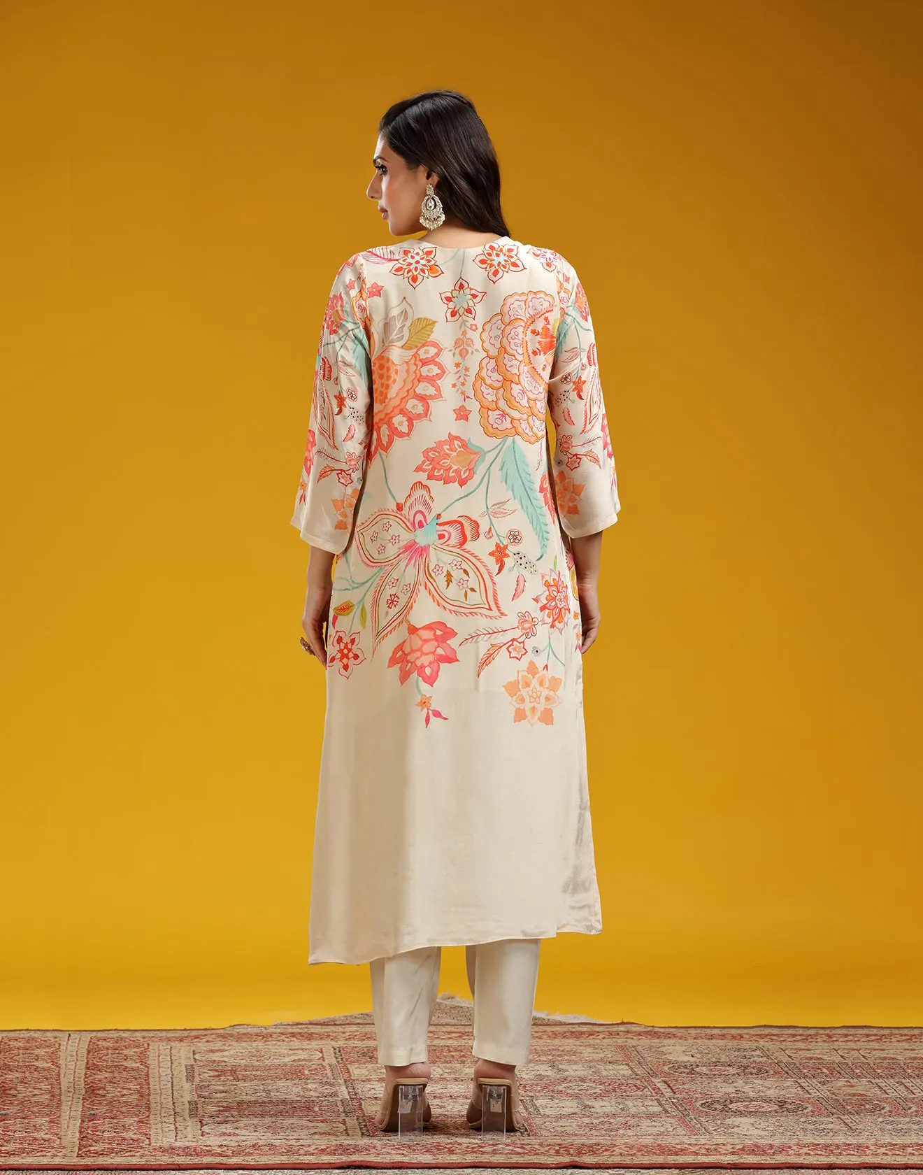 Cremé Beige Mandala Printed Crepe Kurta Set