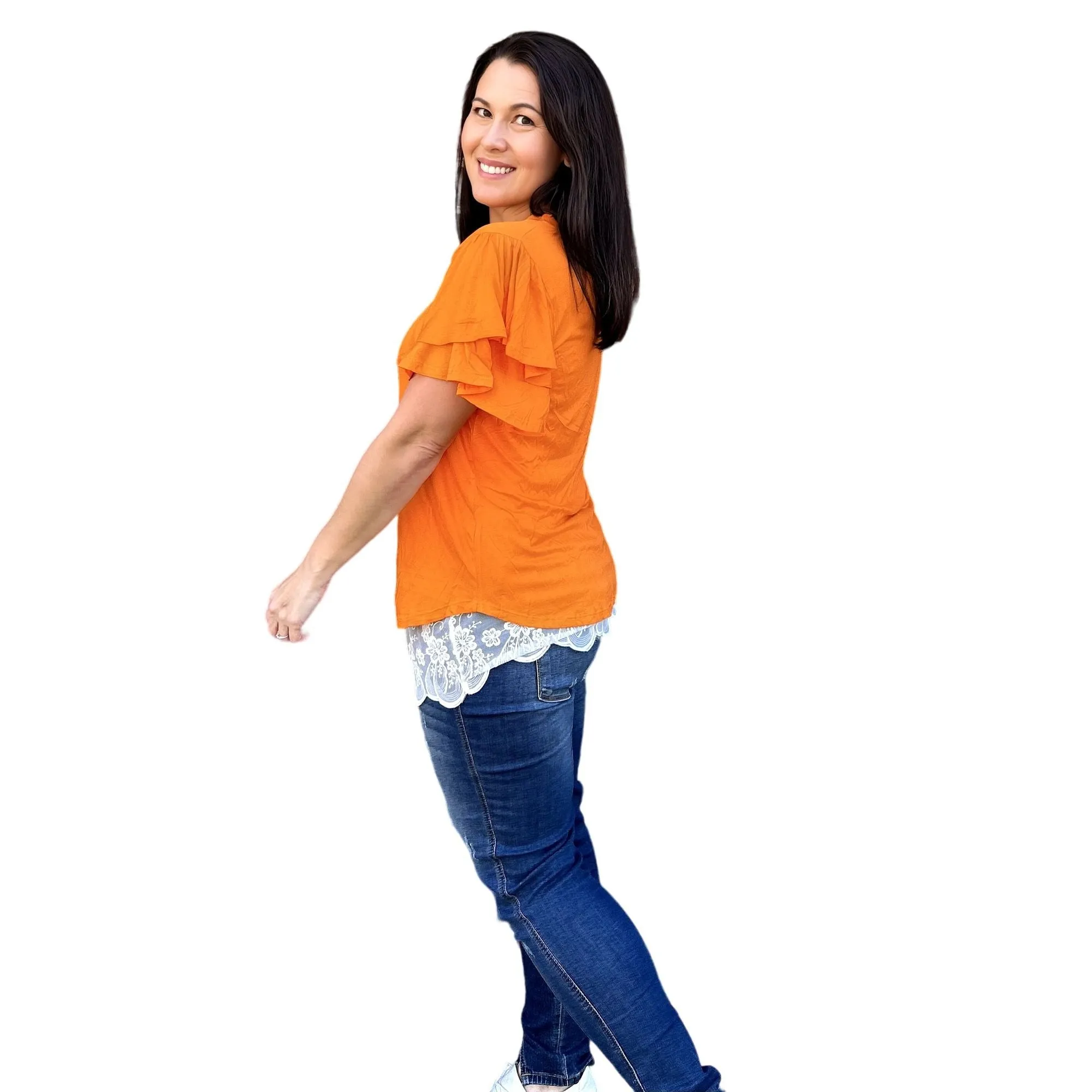 Culture Code Orange Round Neck Loose Fit Ruffle Sleeve Top CAY1482