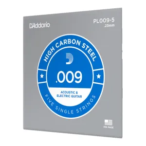 D'Addario - PL009 5 Pack - Single Plain Steel .009 String - Electric/Acoustic Guitar Strings