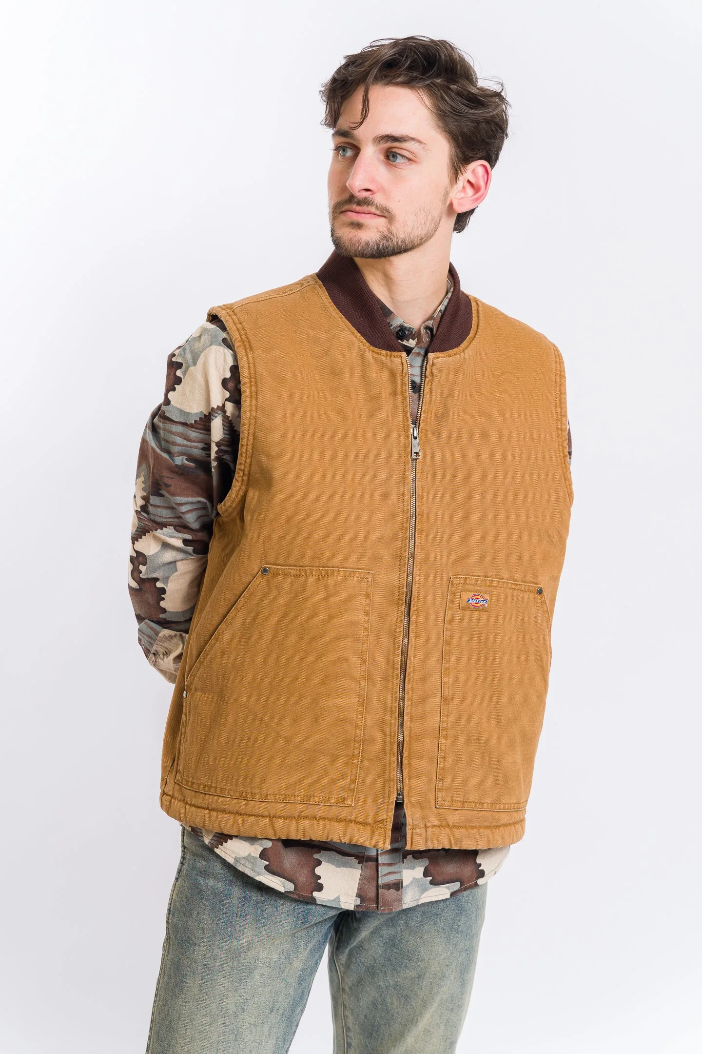 Dickies Stonewashed Duck High Pile Fleece Lined Vest - Stonewashed Brown Duck