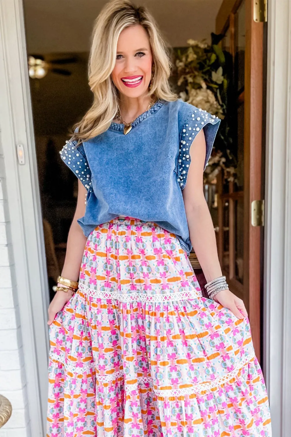Dusk Blue Acid Wash Pearl Embellishments O-neck Denim Top