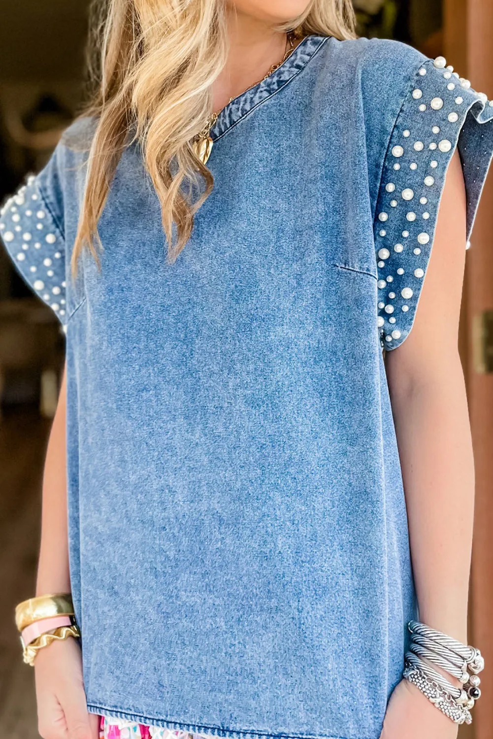 Dusk Blue Acid Wash Pearl Embellishments O-neck Denim Top