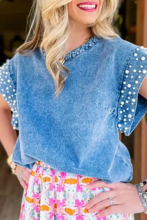 Dusk Blue Acid Wash Pearl Embellishments O-neck Denim Top