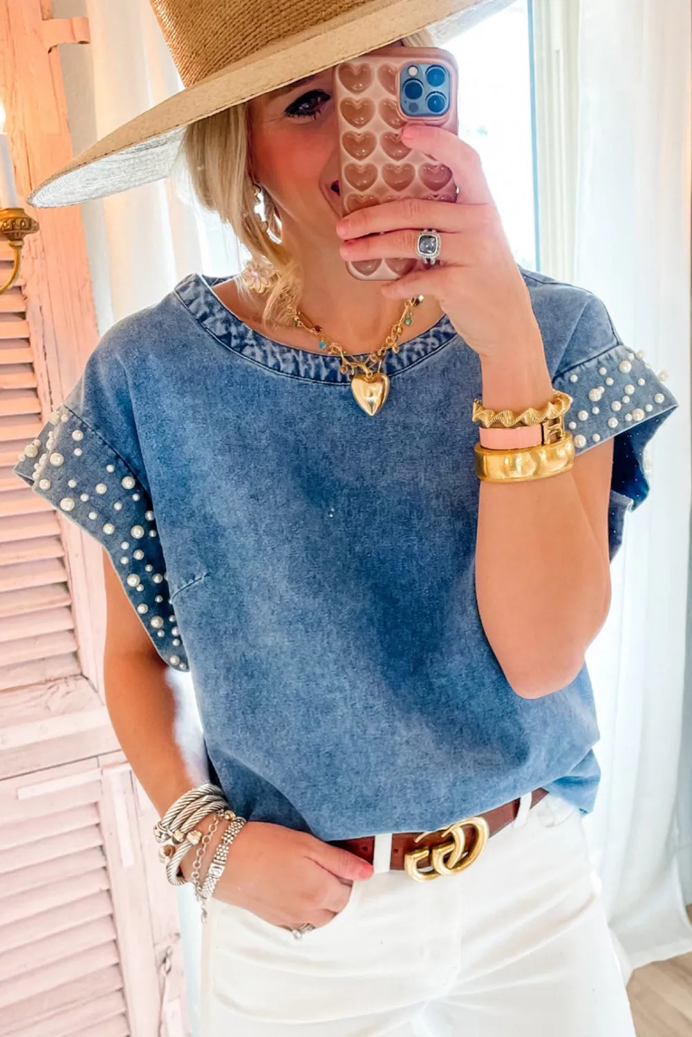 Dusk Blue Acid Wash Pearl Embellishments O-neck Denim Top