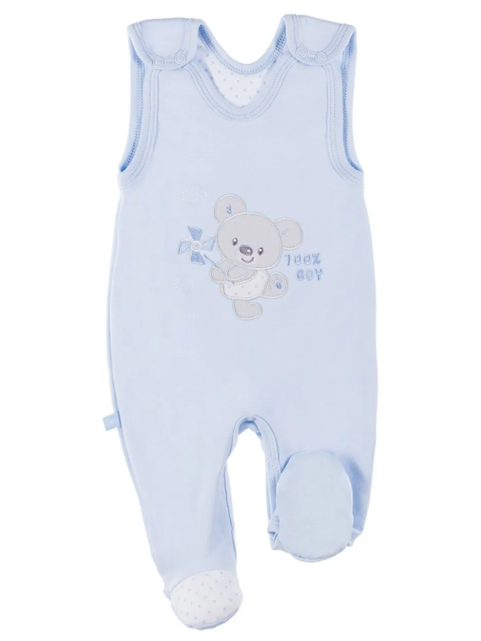 Early Baby Footed Dungarees, Embroidered Bear Design - Blue