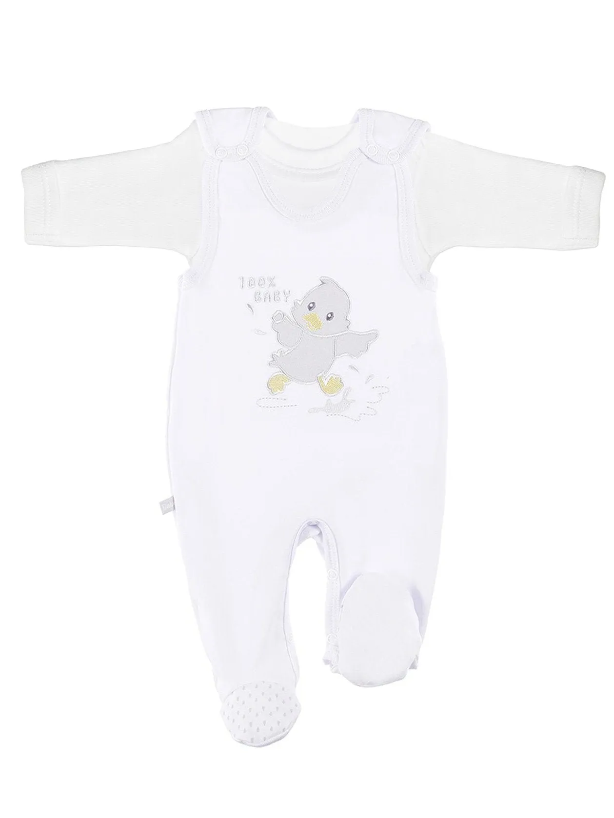 Early Baby Top & Chick Footed Dungarees Set - White
