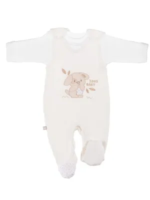 Early Baby Top & Puppy Footed Dungarees Set - Cream
