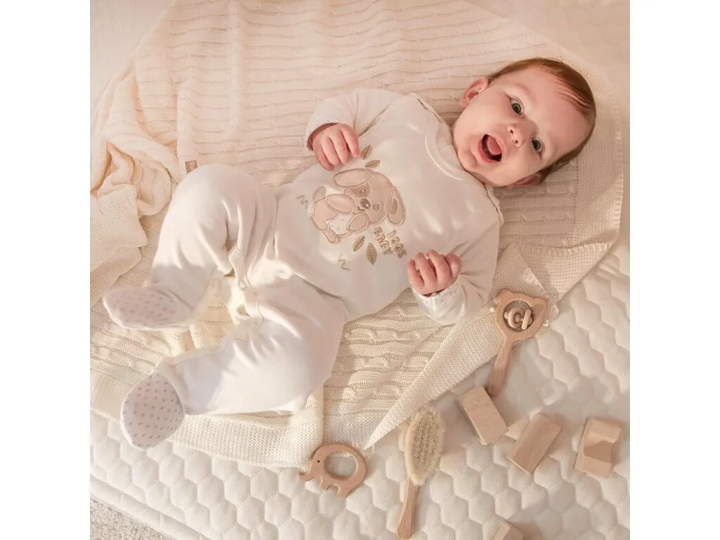 Early Baby Top & Puppy Footed Dungarees Set - Cream