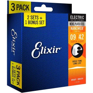 Elixir - Nanoweb Electric Guitar Strings, 2 Sets   1 Bonus Set  (.009 - .042)