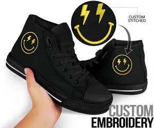Embroidered Lighting Bolt Yellow Smiling Face High Top Shoes