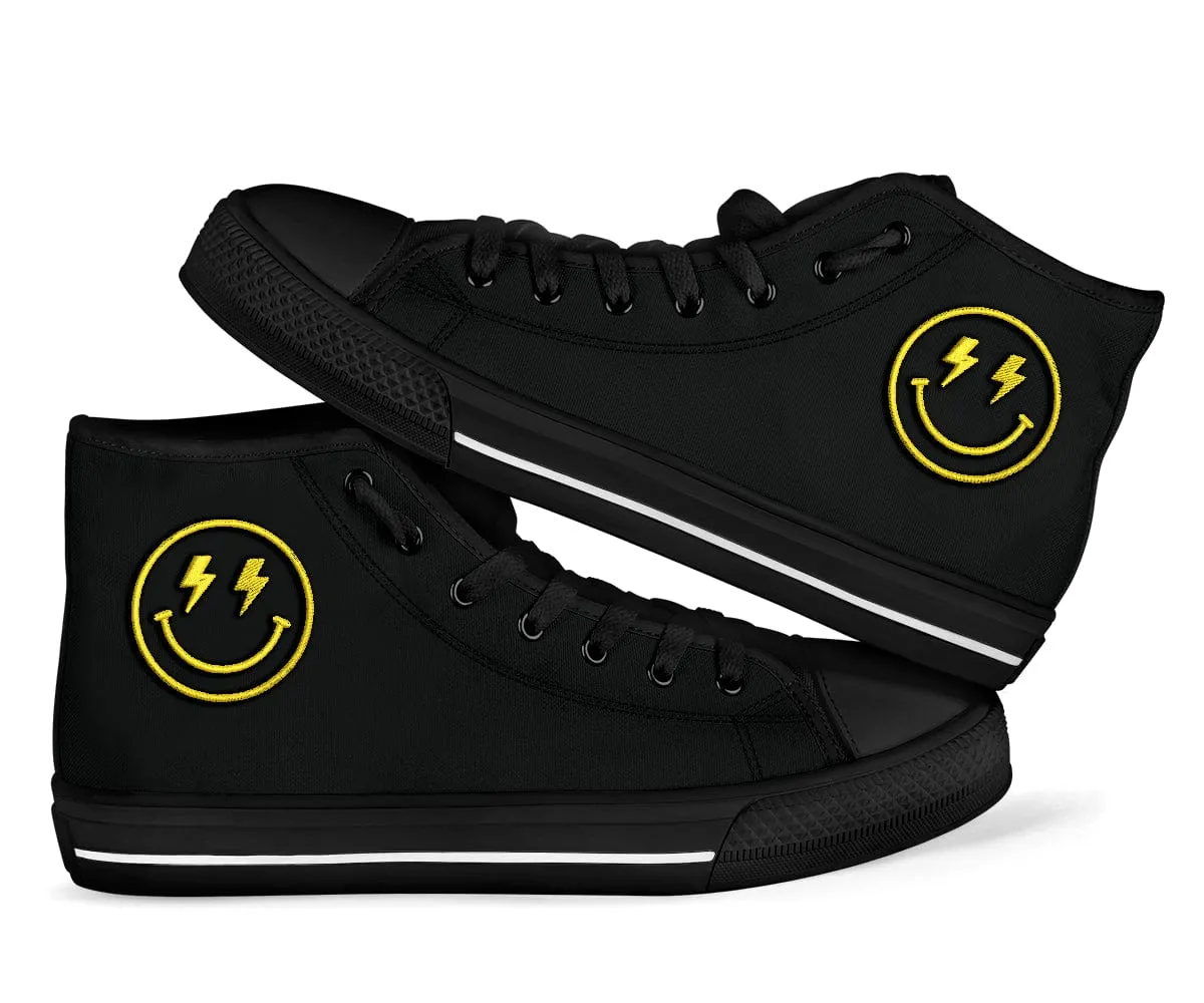 Embroidered Lighting Bolt Yellow Smiling Face High Top Shoes