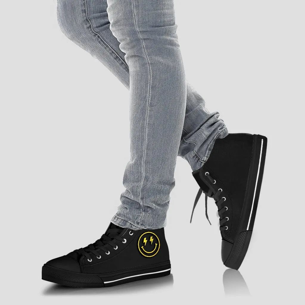 Embroidered Lighting Bolt Yellow Smiling Face High Top Shoes