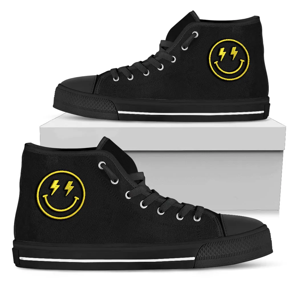 Embroidered Lighting Bolt Yellow Smiling Face High Top Shoes