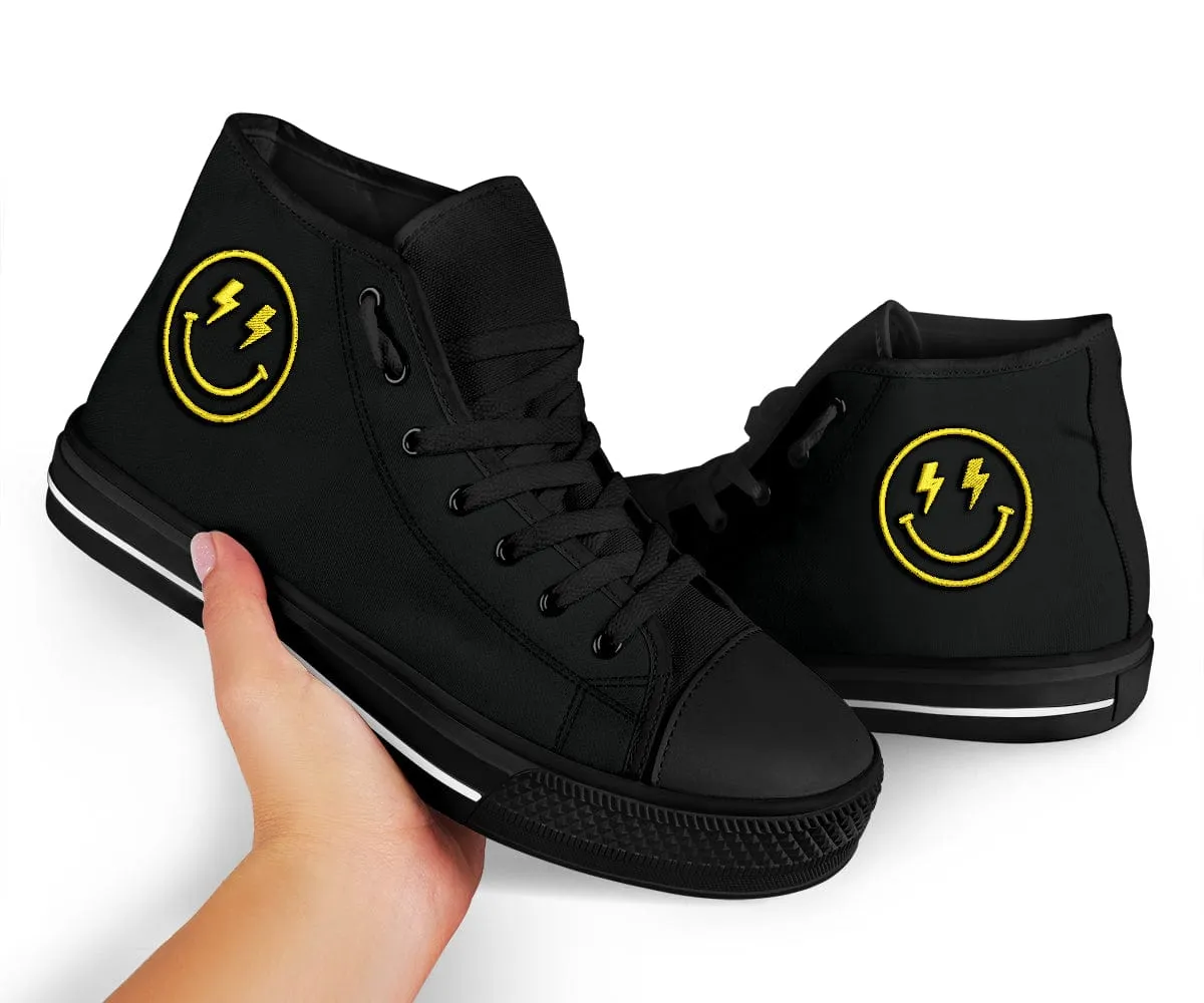 Embroidered Lighting Bolt Yellow Smiling Face High Top Shoes