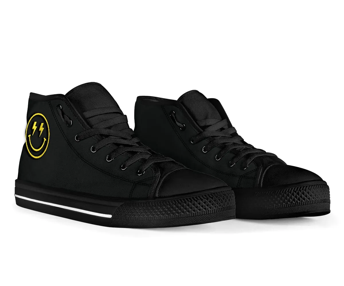 Embroidered Lighting Bolt Yellow Smiling Face High Top Shoes
