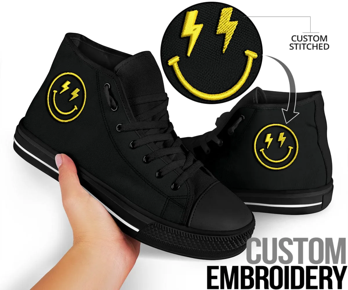 Embroidered Lighting Bolt Yellow Smiling Face High Top Shoes