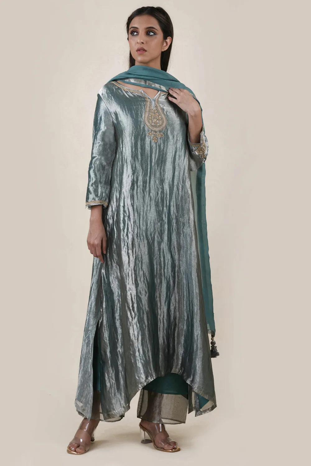 Embroidered Tissue A-Line Kurta And Slub Silk Pants Set