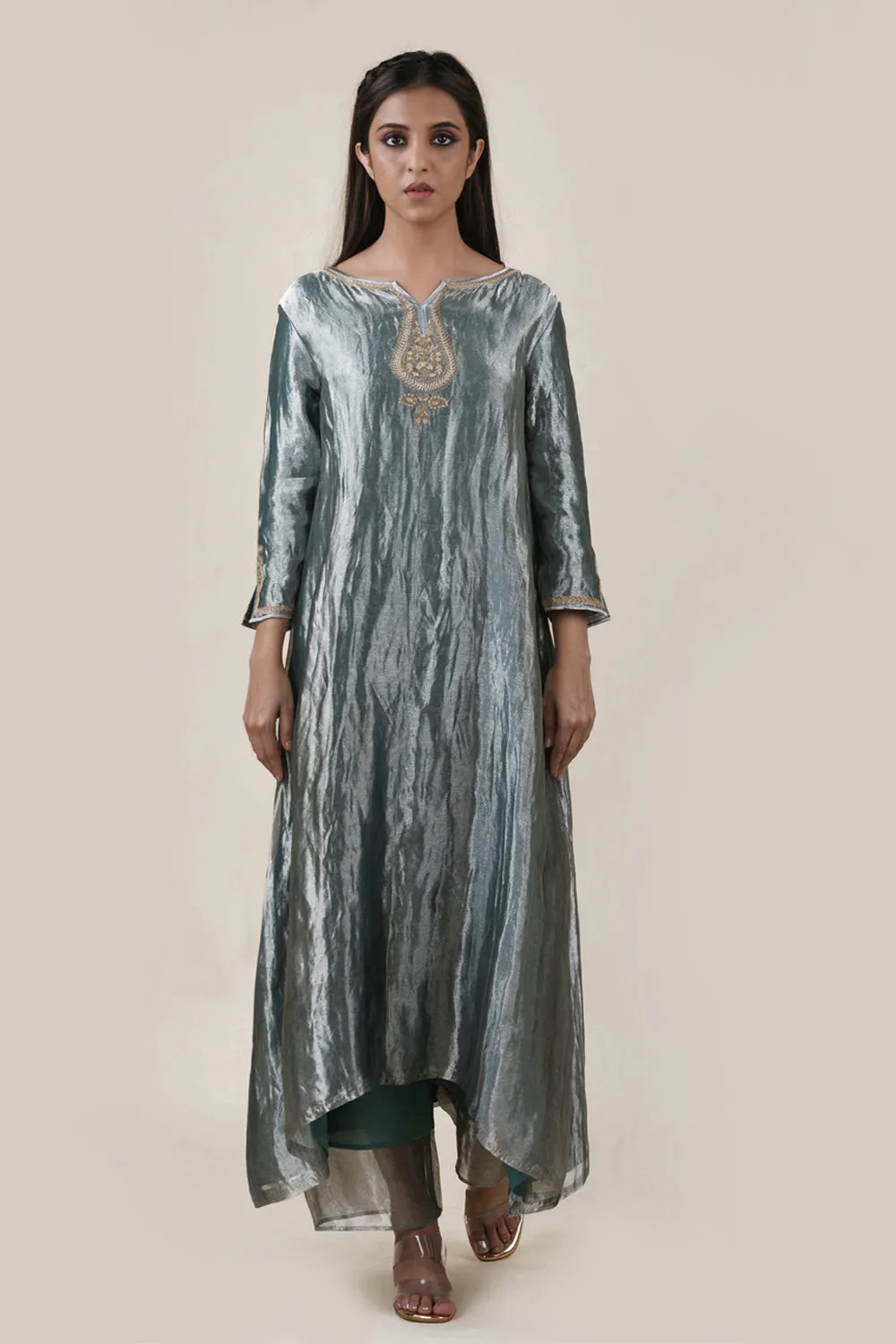 Embroidered Tissue A-Line Kurta And Slub Silk Pants Set