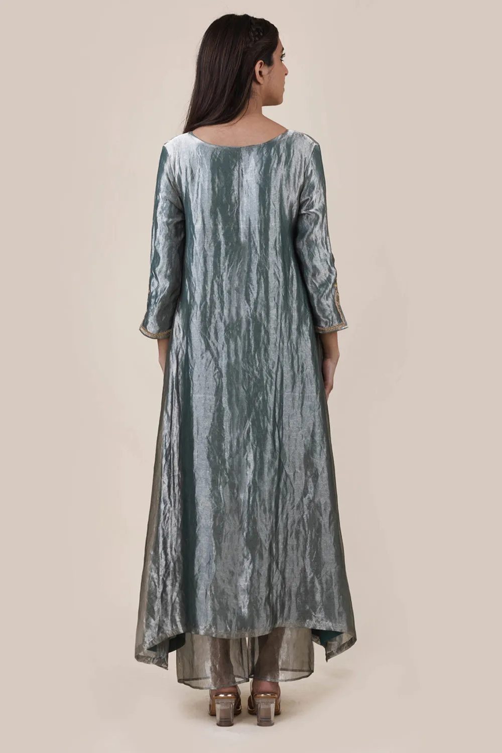 Embroidered Tissue A-Line Kurta And Slub Silk Pants Set