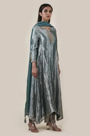 Embroidered Tissue A-Line Kurta And Slub Silk Pants Set