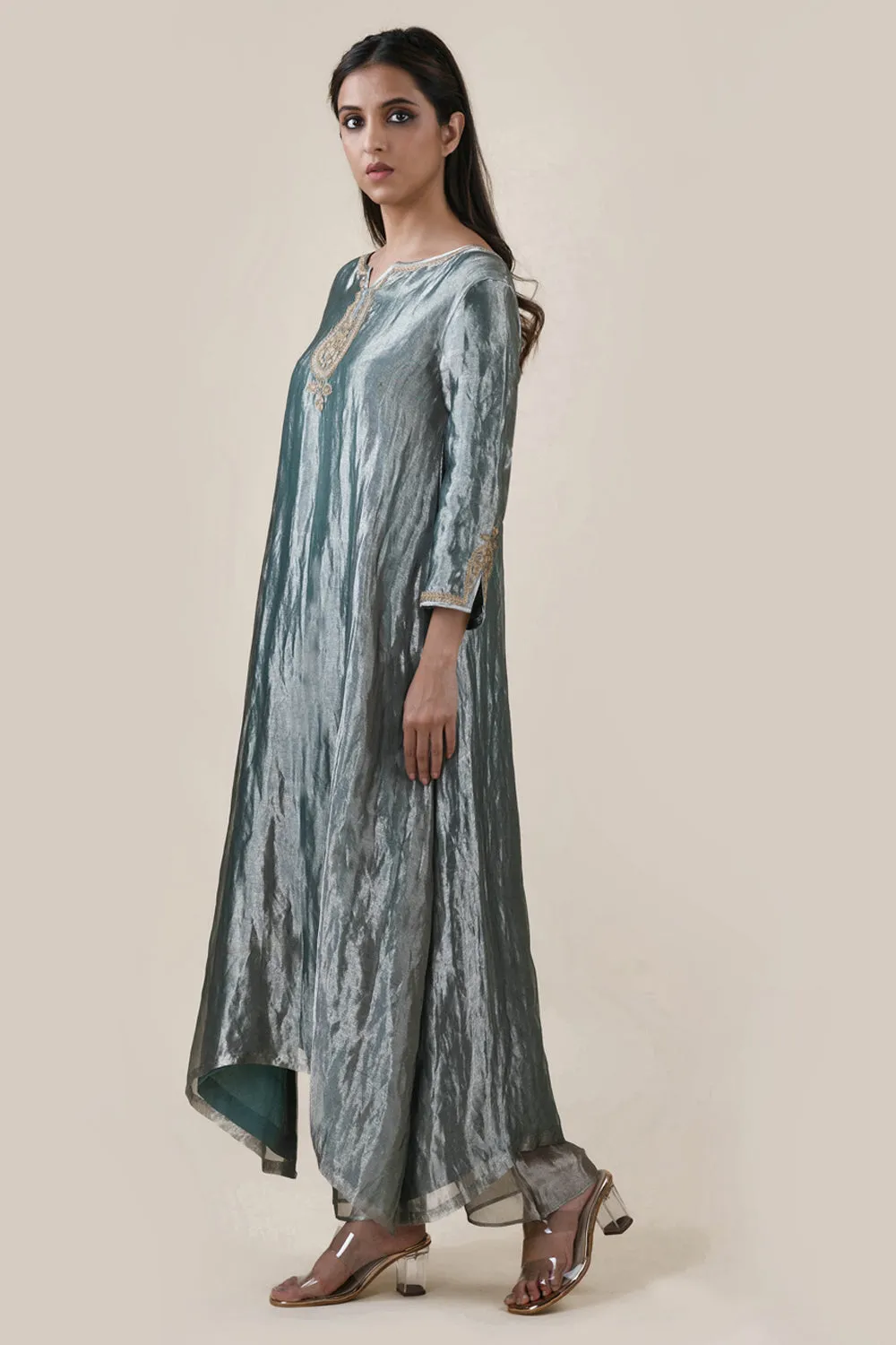 Embroidered Tissue A-Line Kurta And Slub Silk Pants Set