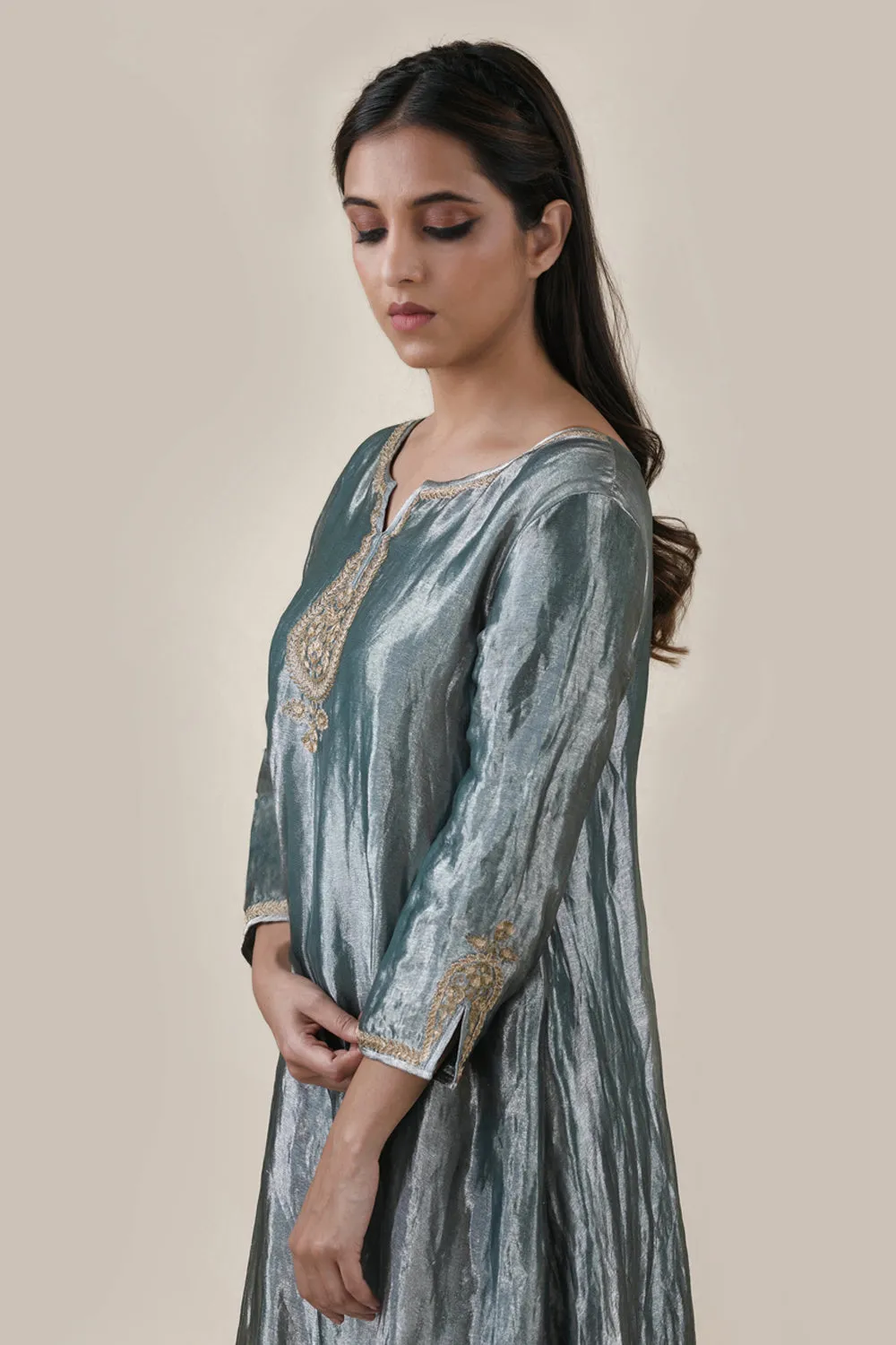 Embroidered Tissue A-Line Kurta And Slub Silk Pants Set