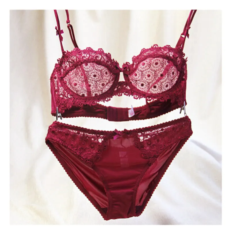 Fashion Lace Ultra-low-cut Bra Breathable Gauze Deep V-shaped Women's Underwear Bra Set