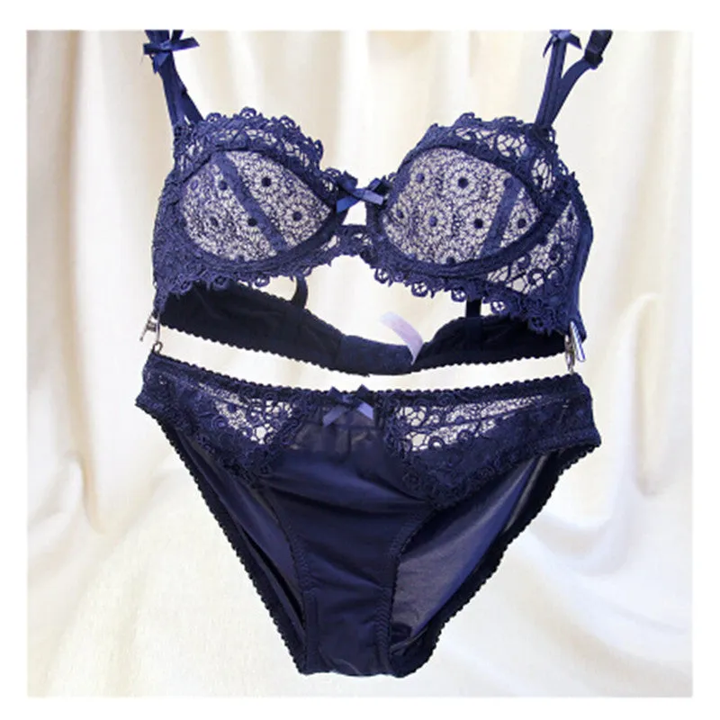 Fashion Lace Ultra-low-cut Bra Breathable Gauze Deep V-shaped Women's Underwear Bra Set