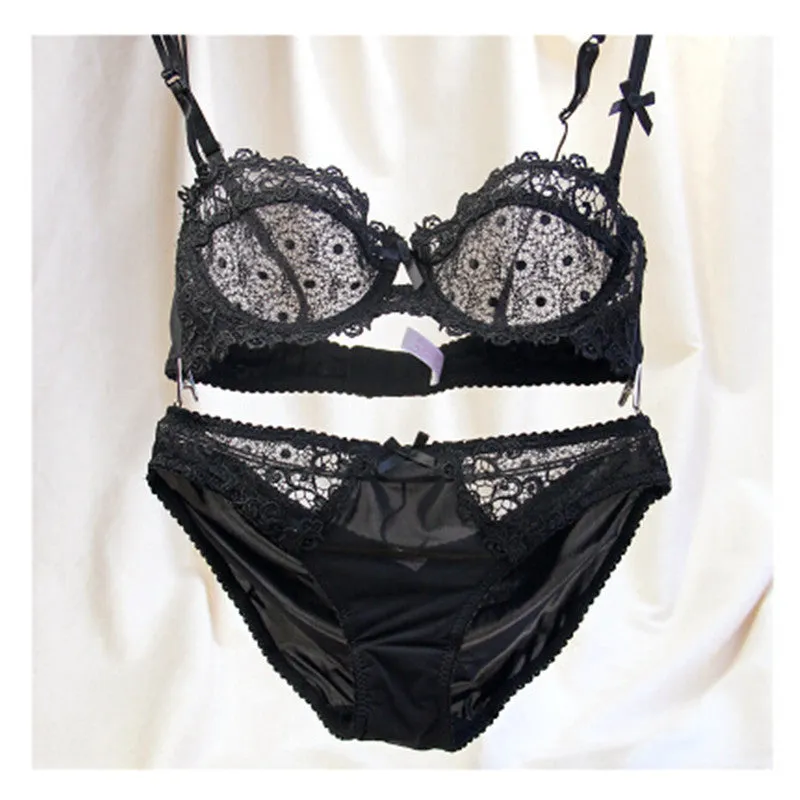 Fashion Lace Ultra-low-cut Bra Breathable Gauze Deep V-shaped Women's Underwear Bra Set