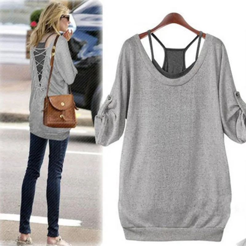 Fashion Ladies Women Loose Cotton Long Sleeve Back Hollow T Shirt Tops Tees   Vest 2 Pcs Set