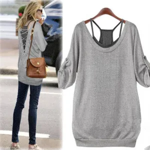 Fashion Ladies Women Loose Cotton Long Sleeve Back Hollow T Shirt Tops Tees   Vest 2 Pcs Set