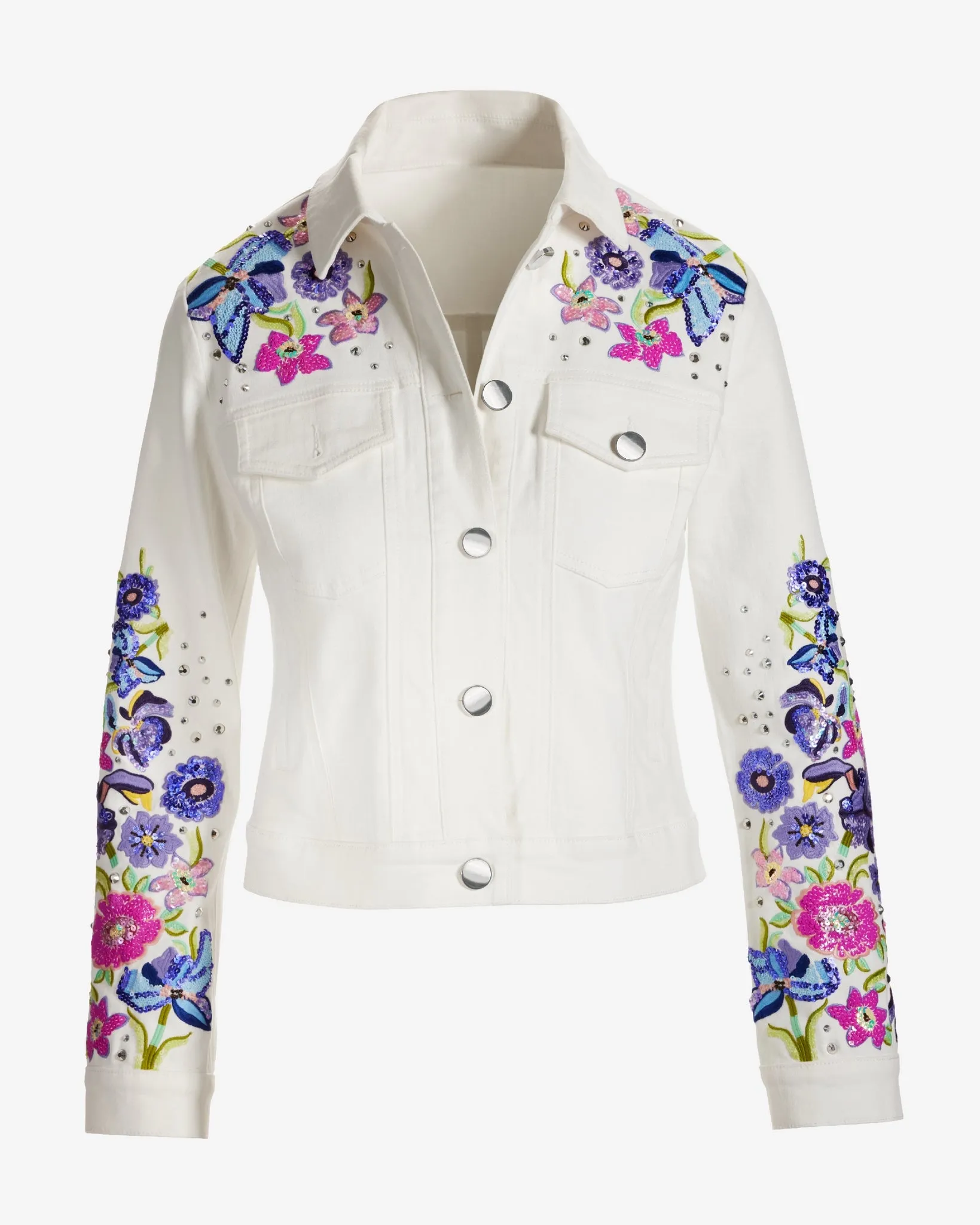 Floral Embroidered Denim Jacket White