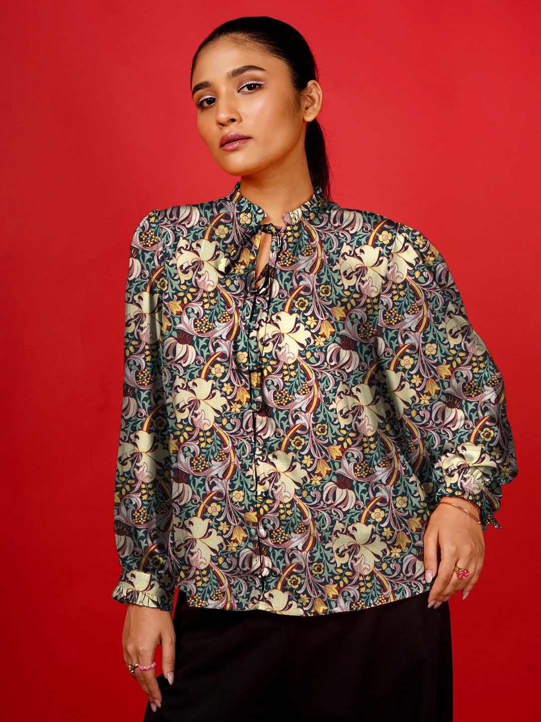 Floral Prints Tie-Up Neck  Top