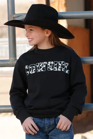 Girls Cruel Girl Black Crew Neck Sweatshirt with Black/White "Cowgirl" Screen Print