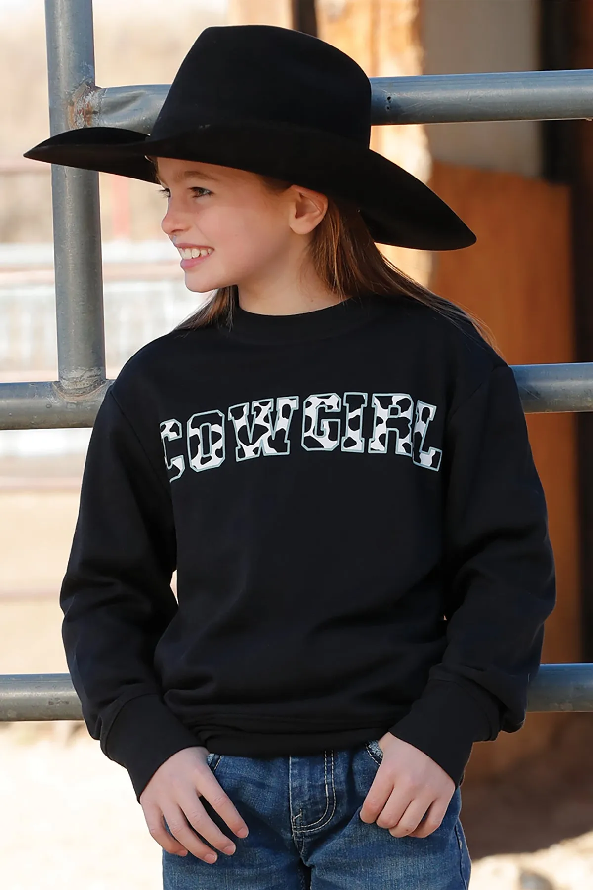 Girls Cruel Girl Black Crew Neck Sweatshirt with Black/White "Cowgirl" Screen Print