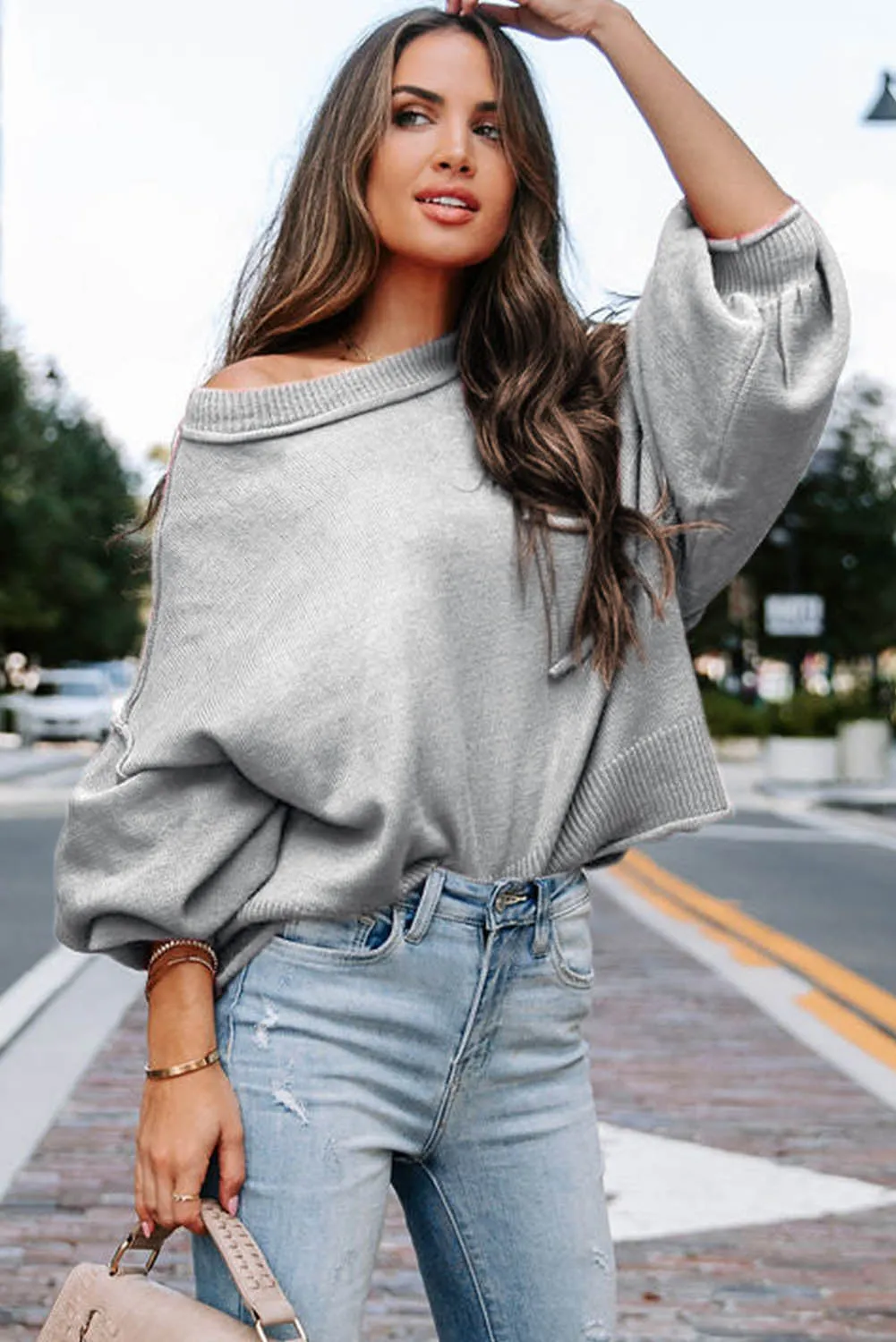 Gray Raw Edge Patch Pocket Exposed Seam Loose Sweater