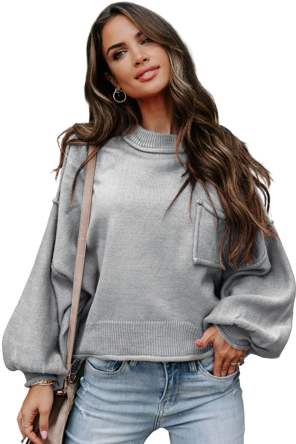 Gray Raw Edge Patch Pocket Exposed Seam Loose Sweater