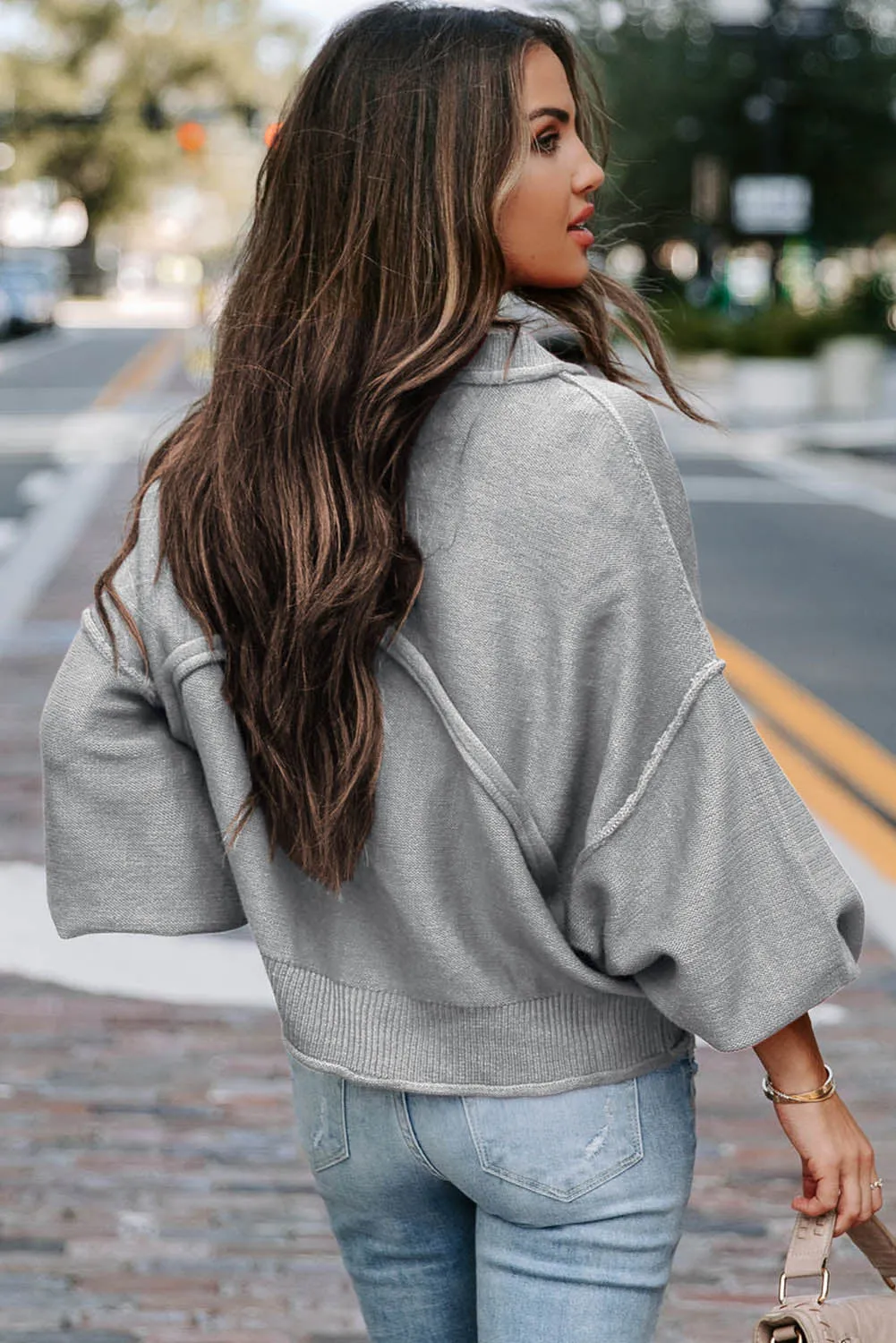 Gray Raw Edge Patch Pocket Exposed Seam Loose Sweater