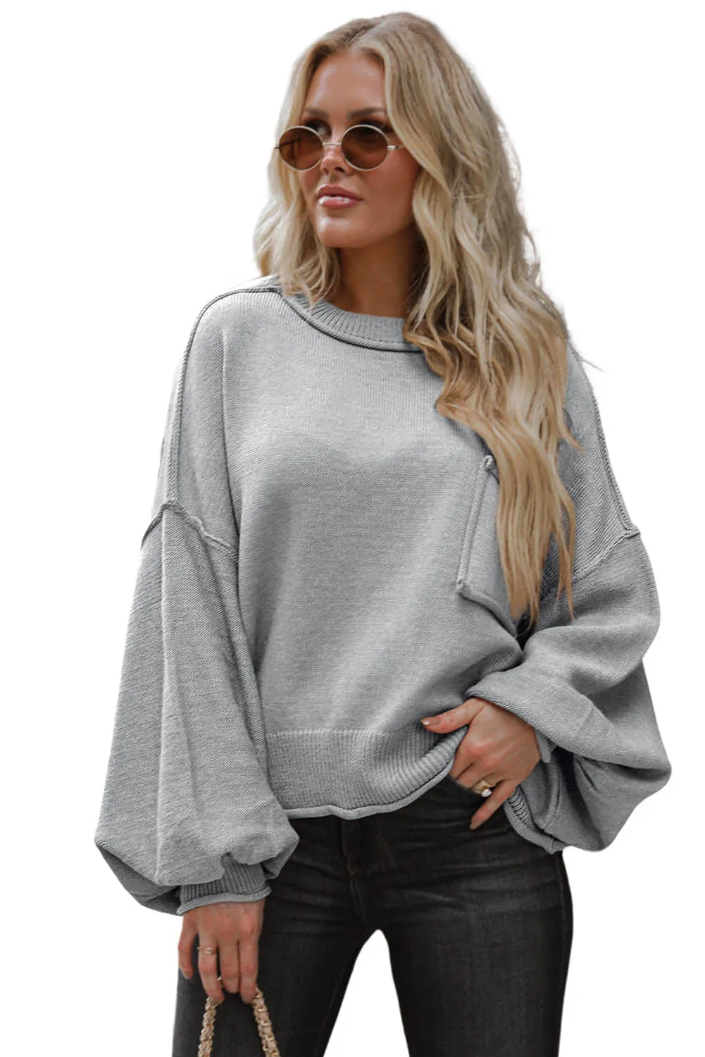 Gray Raw Edge Patch Pocket Exposed Seam Loose Sweater