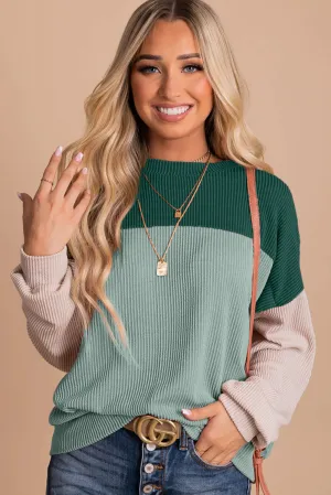 Green-2 Black Color Block Long Sleeve Cording Loose Top
