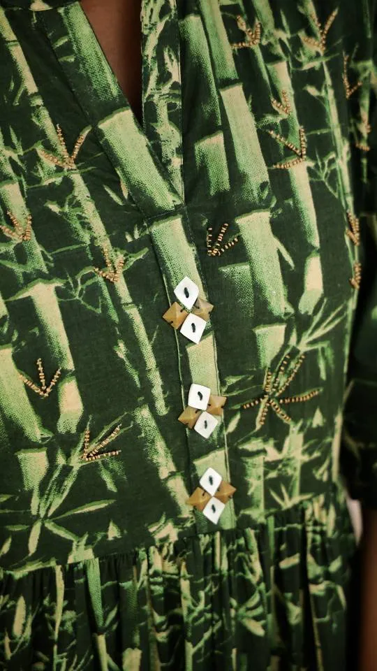 Green Bamboo Print Maxi Dress with Button Detail