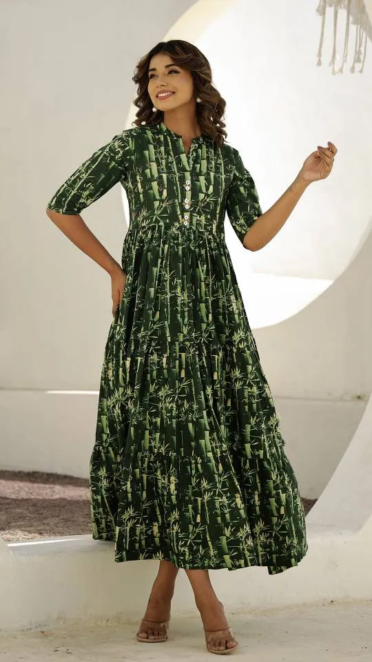 Green Bamboo Print Maxi Dress with Button Detail