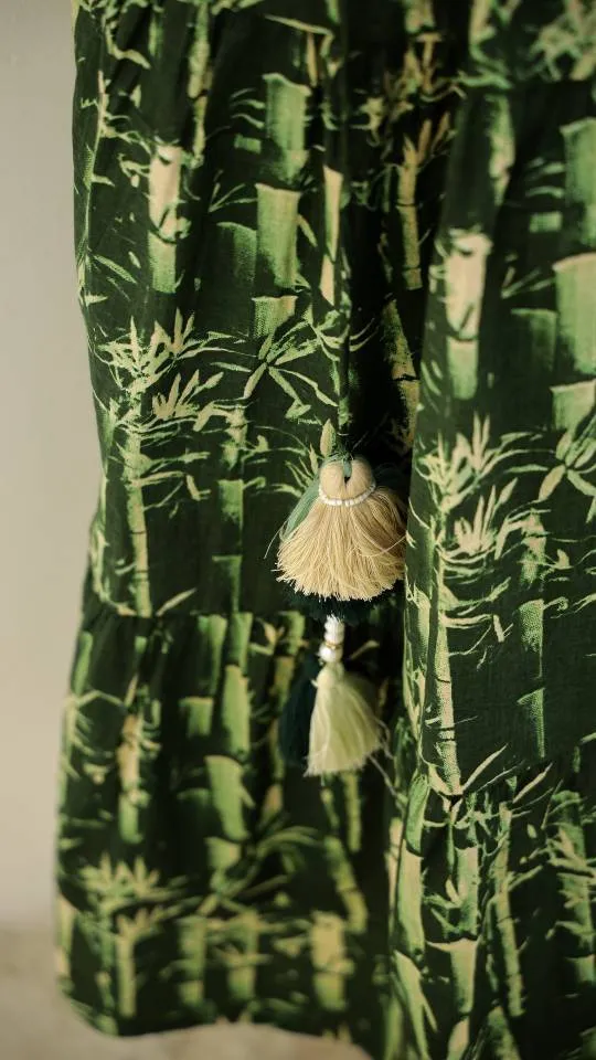 Green Bamboo Print Maxi Dress with Button Detail