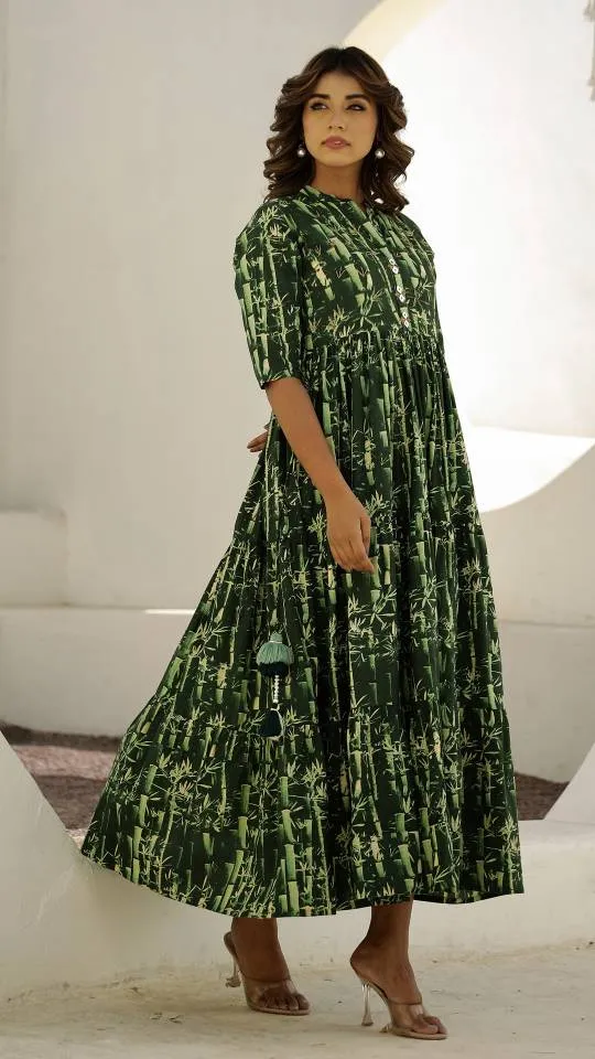 Green Bamboo Print Maxi Dress with Button Detail