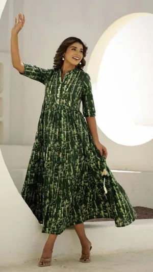 Green Bamboo Print Maxi Dress with Button Detail