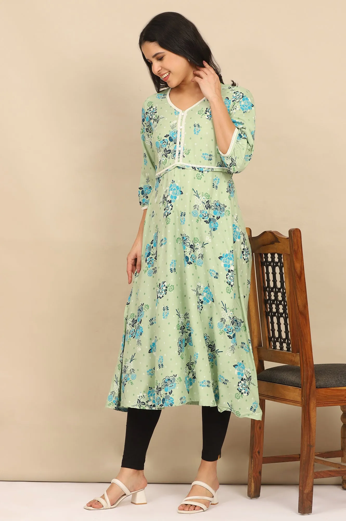 Green Floral Printed Circular LIVA Kurta and Leggings Set