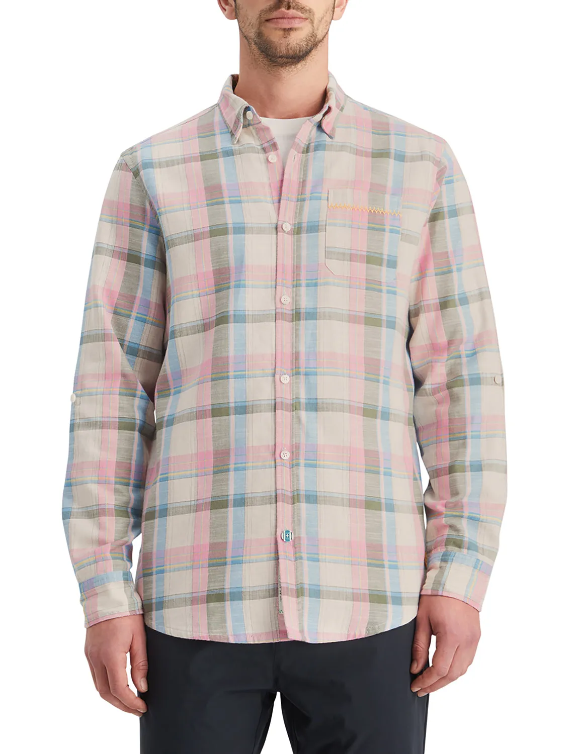 Green-Pink Yarn Dyed Check Shirt with Sleeve Collectors