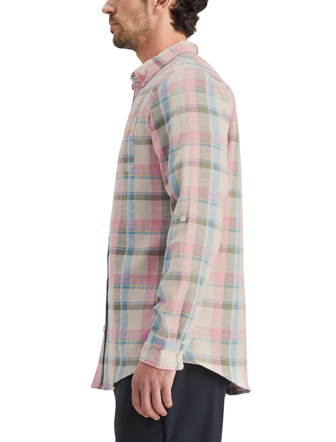 Green-Pink Yarn Dyed Check Shirt with Sleeve Collectors