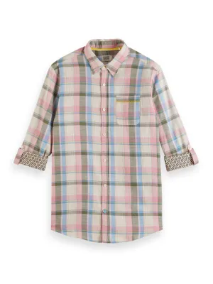 Green-Pink Yarn Dyed Check Shirt with Sleeve Collectors